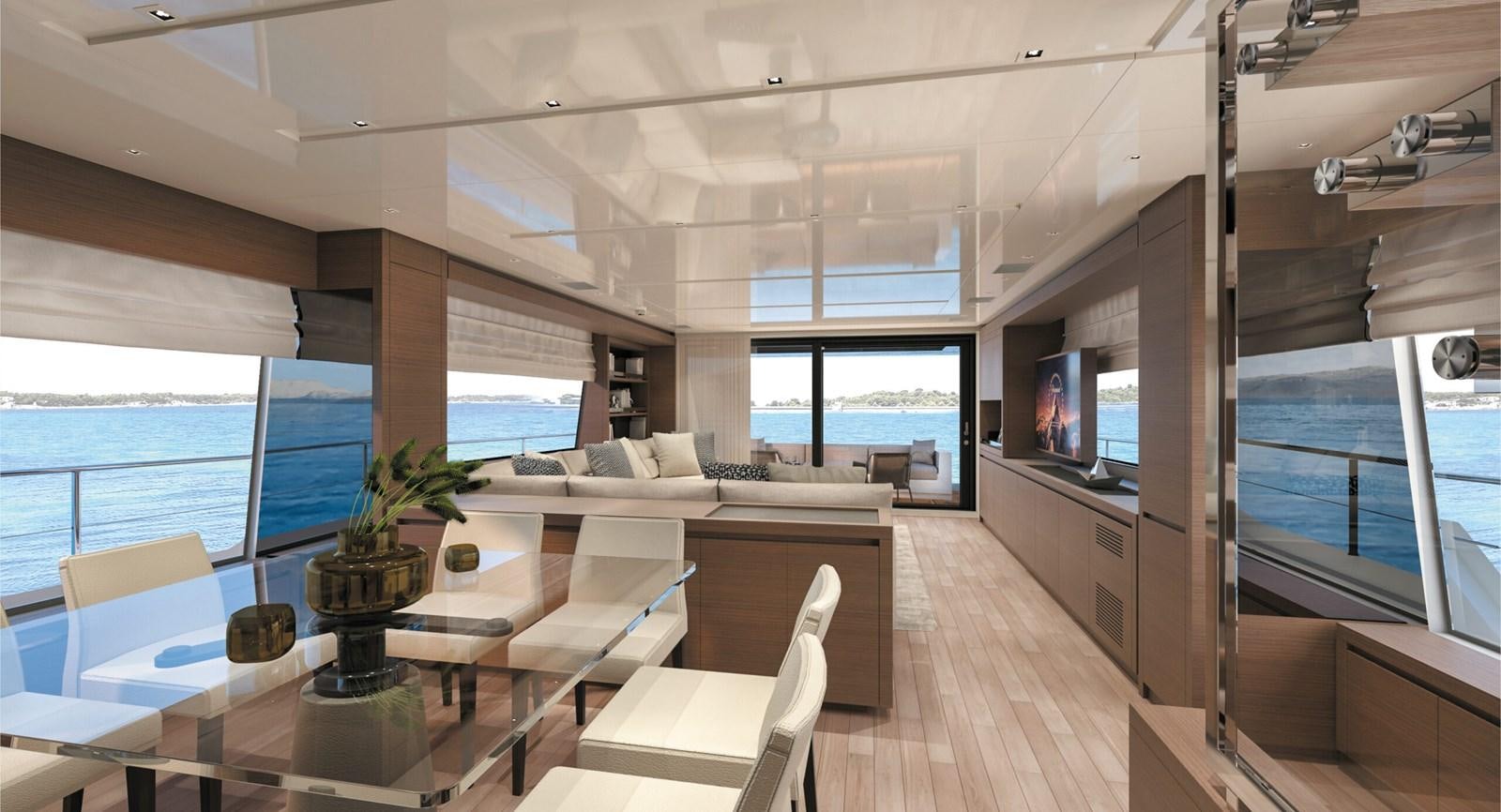 a room with a table chairs and a tv on the wall aboard 2023 SANLORENZO SL86 #799 Yacht for Sale