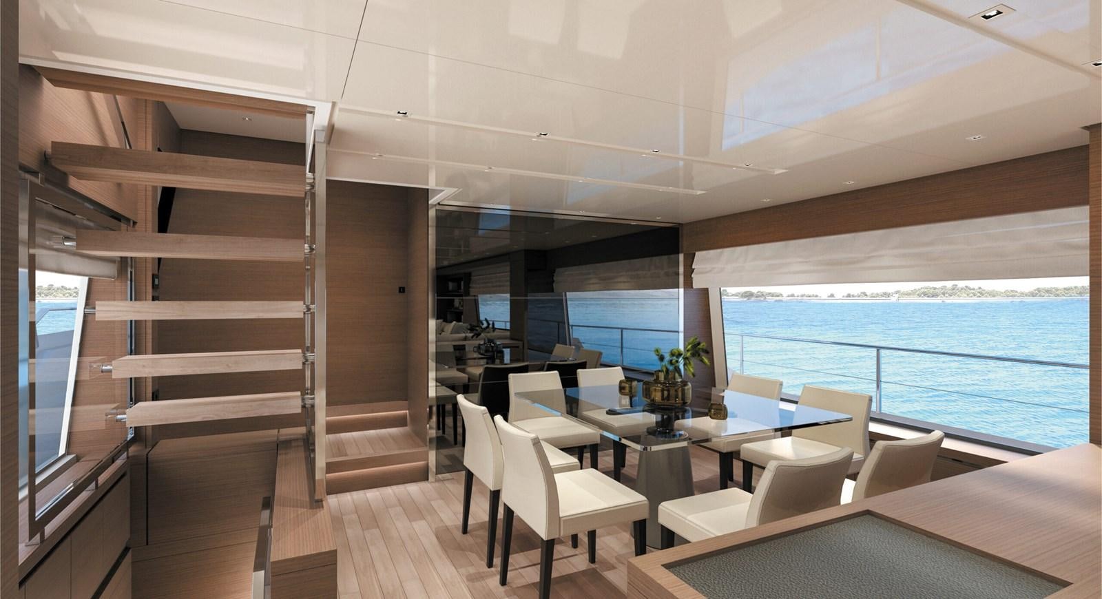 a room with a table chairs and a staircase aboard 2023 SANLORENZO SL86 #799 Yacht for Sale