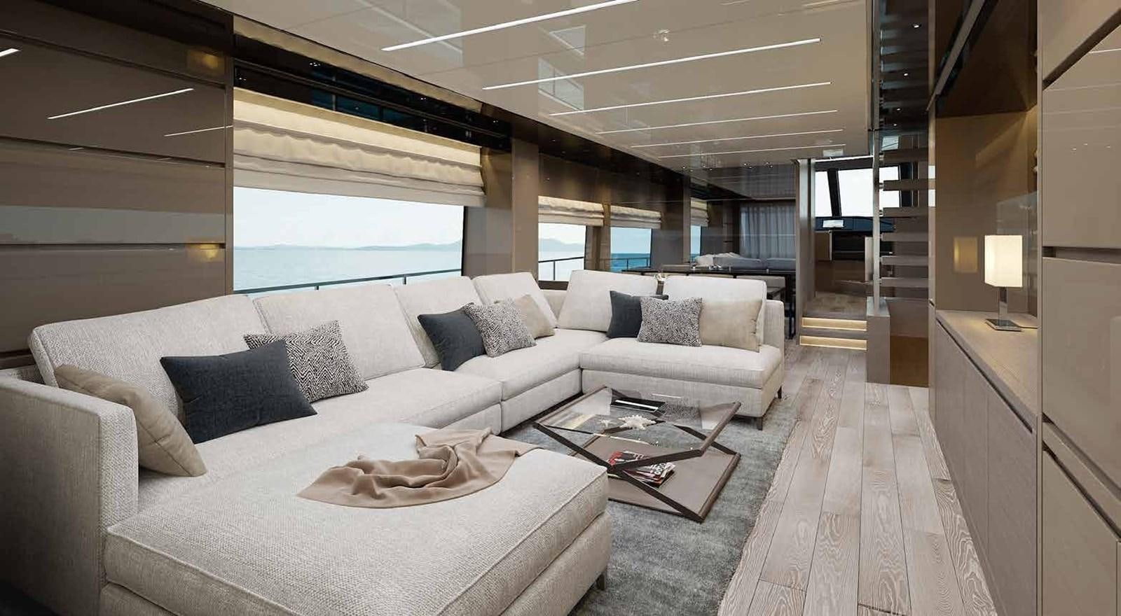 a living room with a large window aboard 2021 SANLORENZO SL78 #721 Yacht for Sale