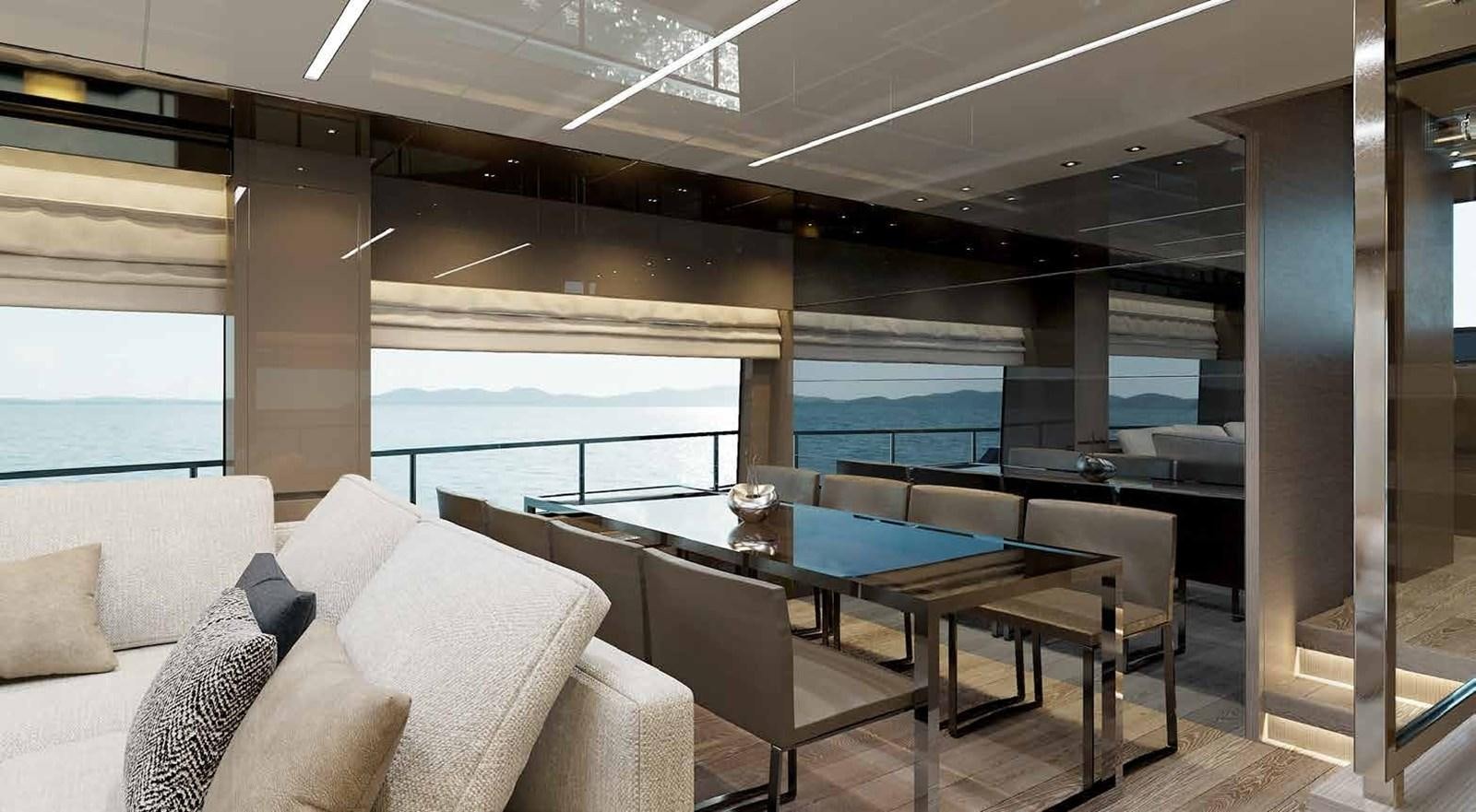 a room with a table and couches aboard 2021 SANLORENZO SL78 #721 Yacht for Sale