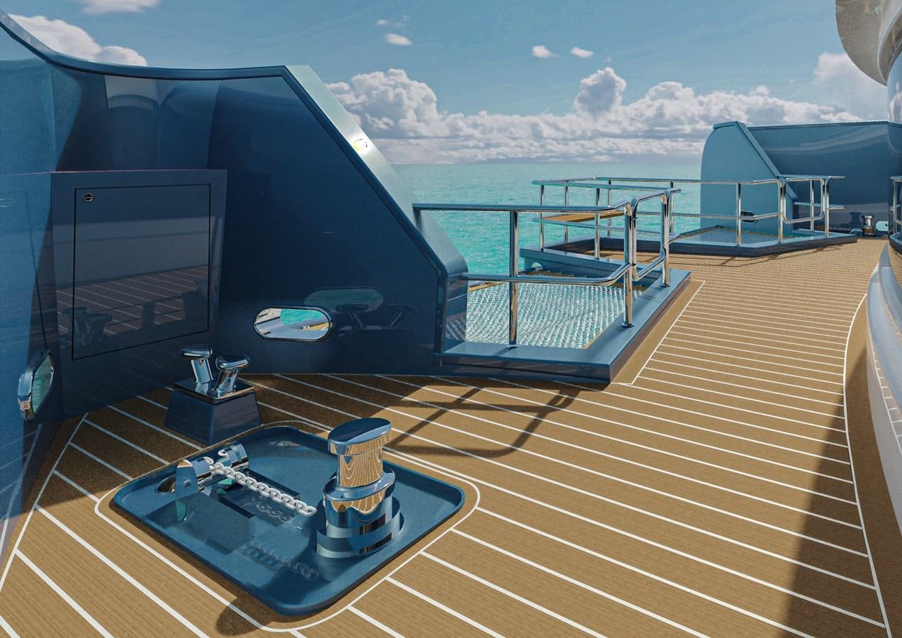 a deck with a large pool and a deck with a deck and a ship and blue sky and aboard DELETE Yacht for Sale