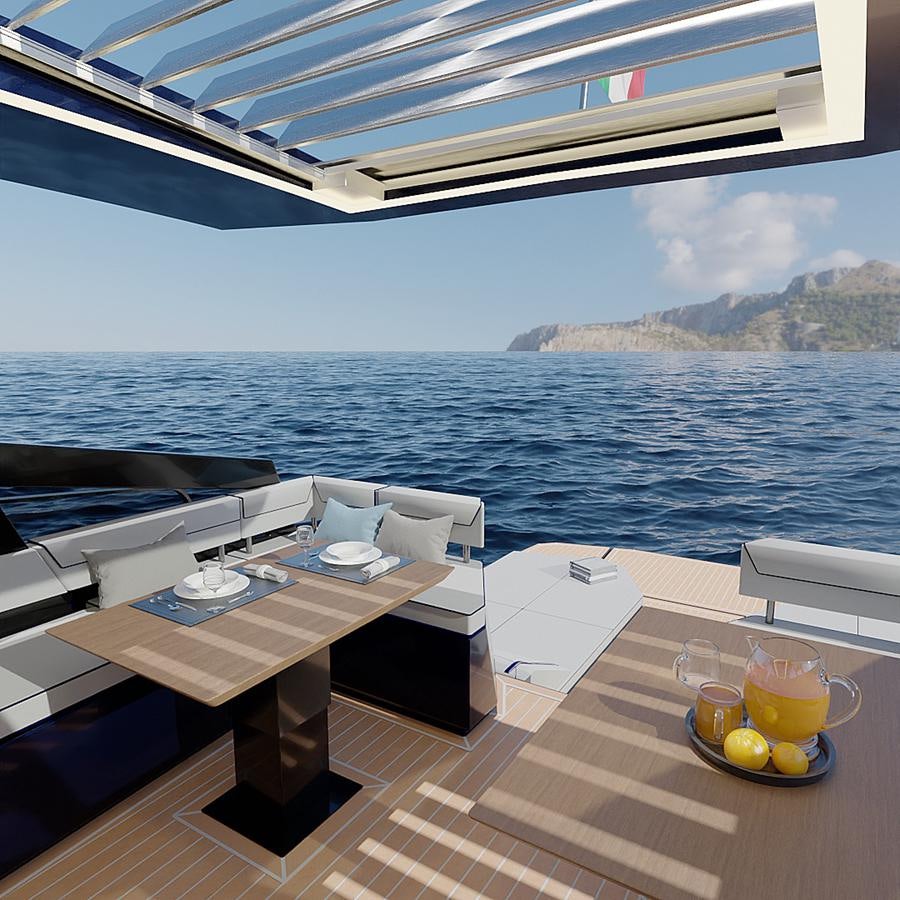 a room with a table and chairs aboard SUERT 70 Yacht for Sale