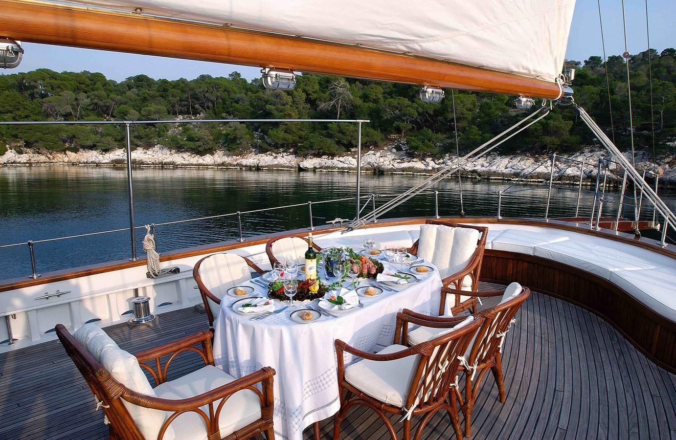 a table set for a meal on a deck overlooking a body of water aboard LIANA H Yacht for Sale
