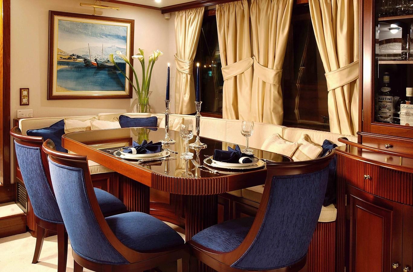 a dining table with blue chairs aboard LIANA H Yacht for Sale
