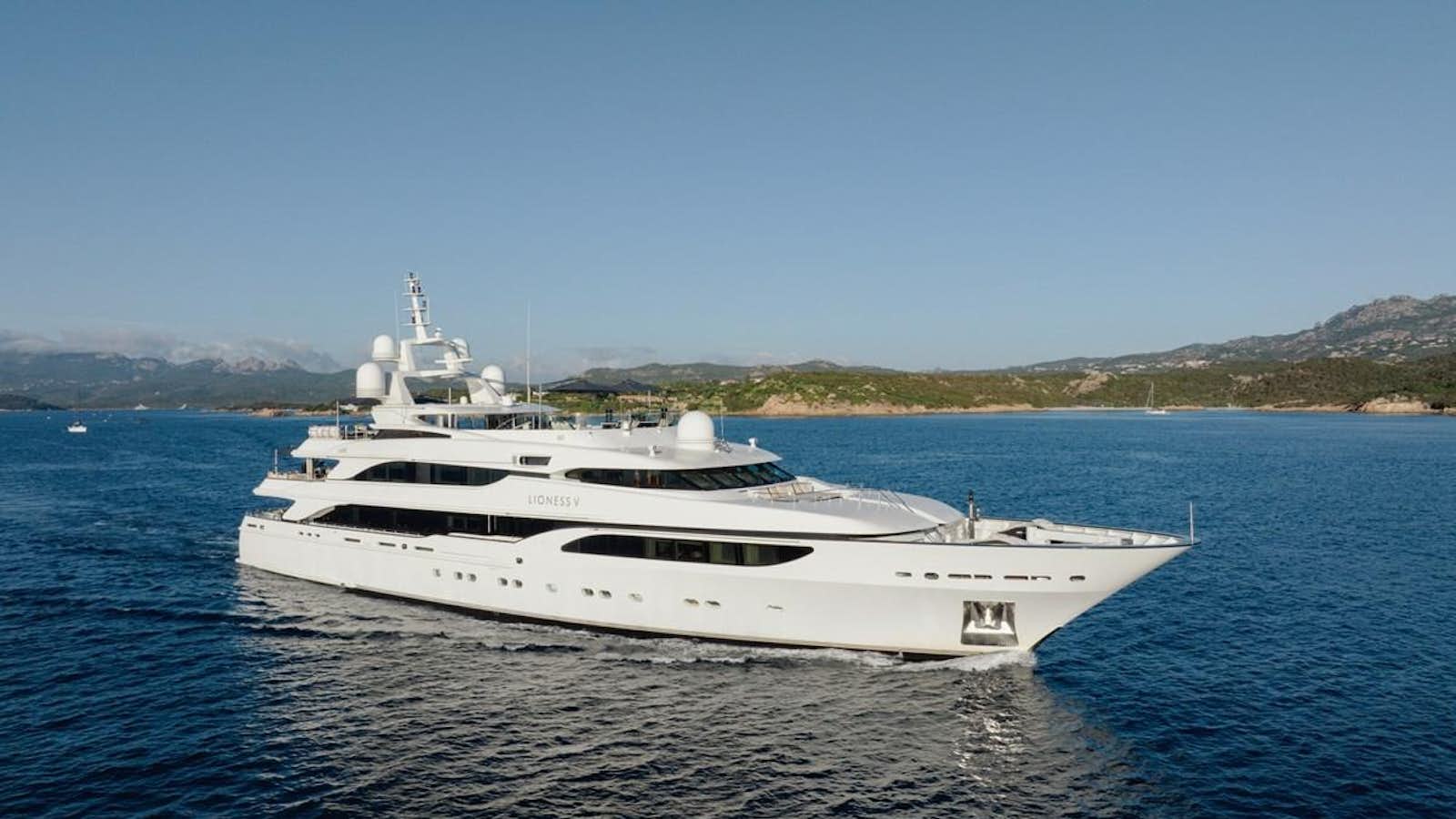 a white yacht in the water aboard LIONESS V Yacht for Sale