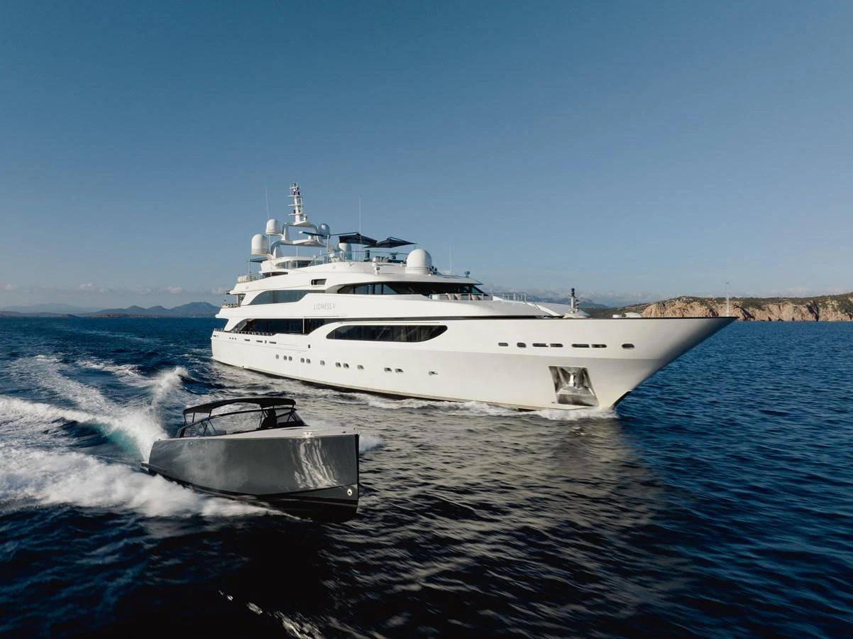 a white yacht on the water aboard LIONESS V Yacht for Sale