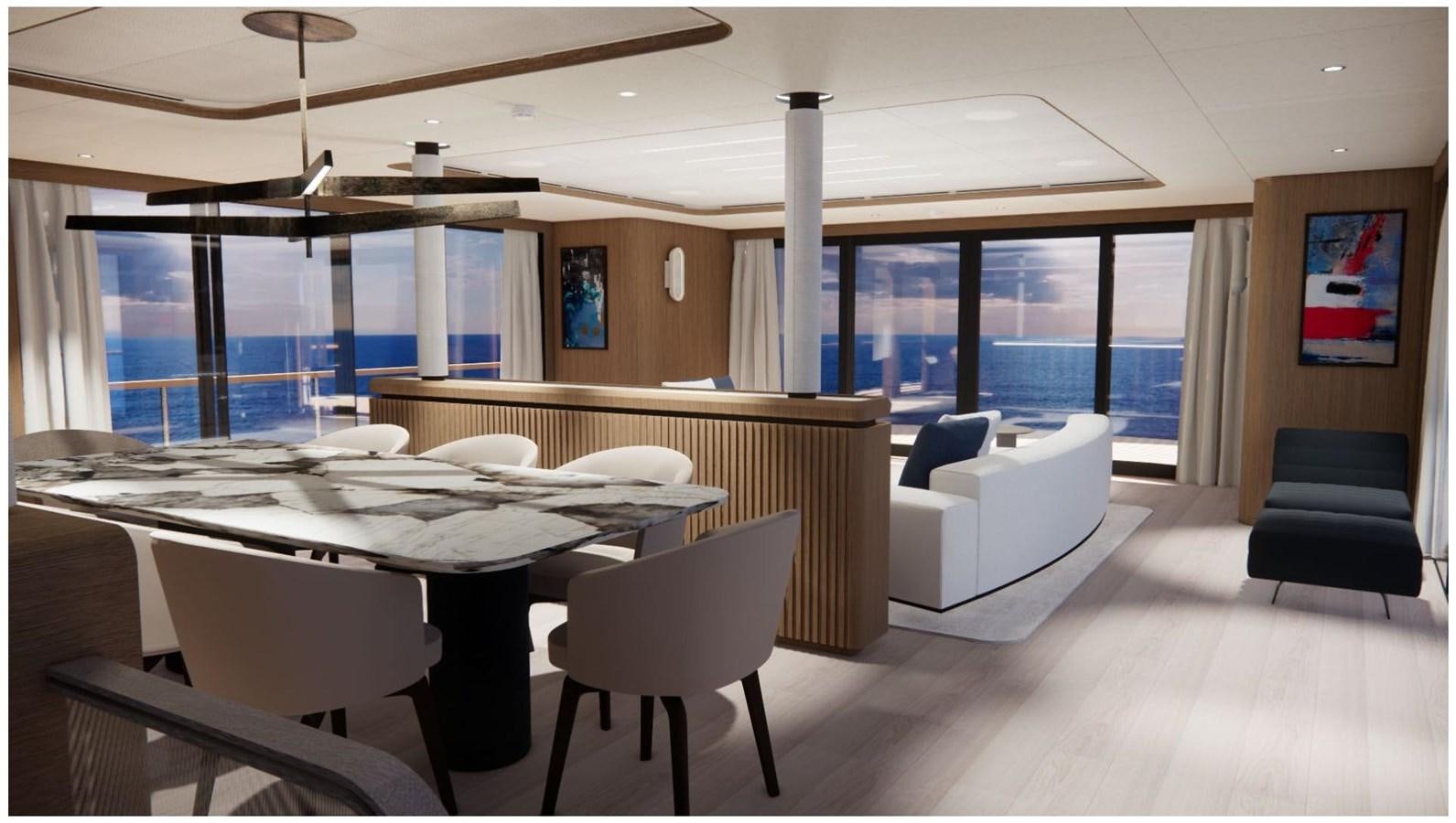 a large room with a table and chairs aboard 2024 LAZZARA LPC 300 Yacht for Sale