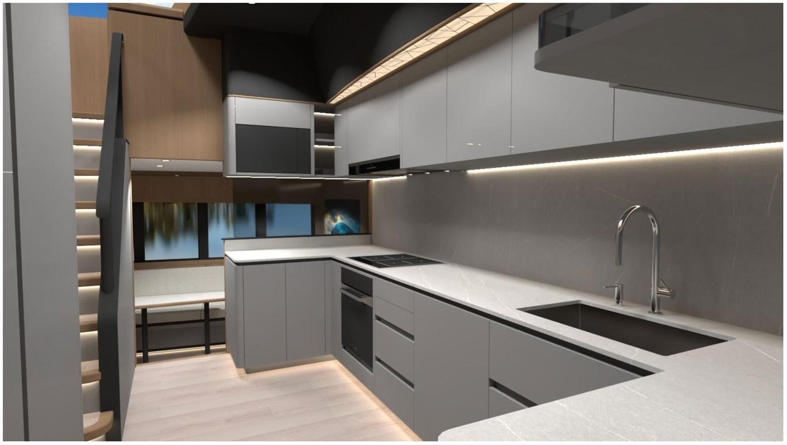 a kitchen with white cabinets aboard 2024 LAZZARA LPC 300 Yacht for Sale