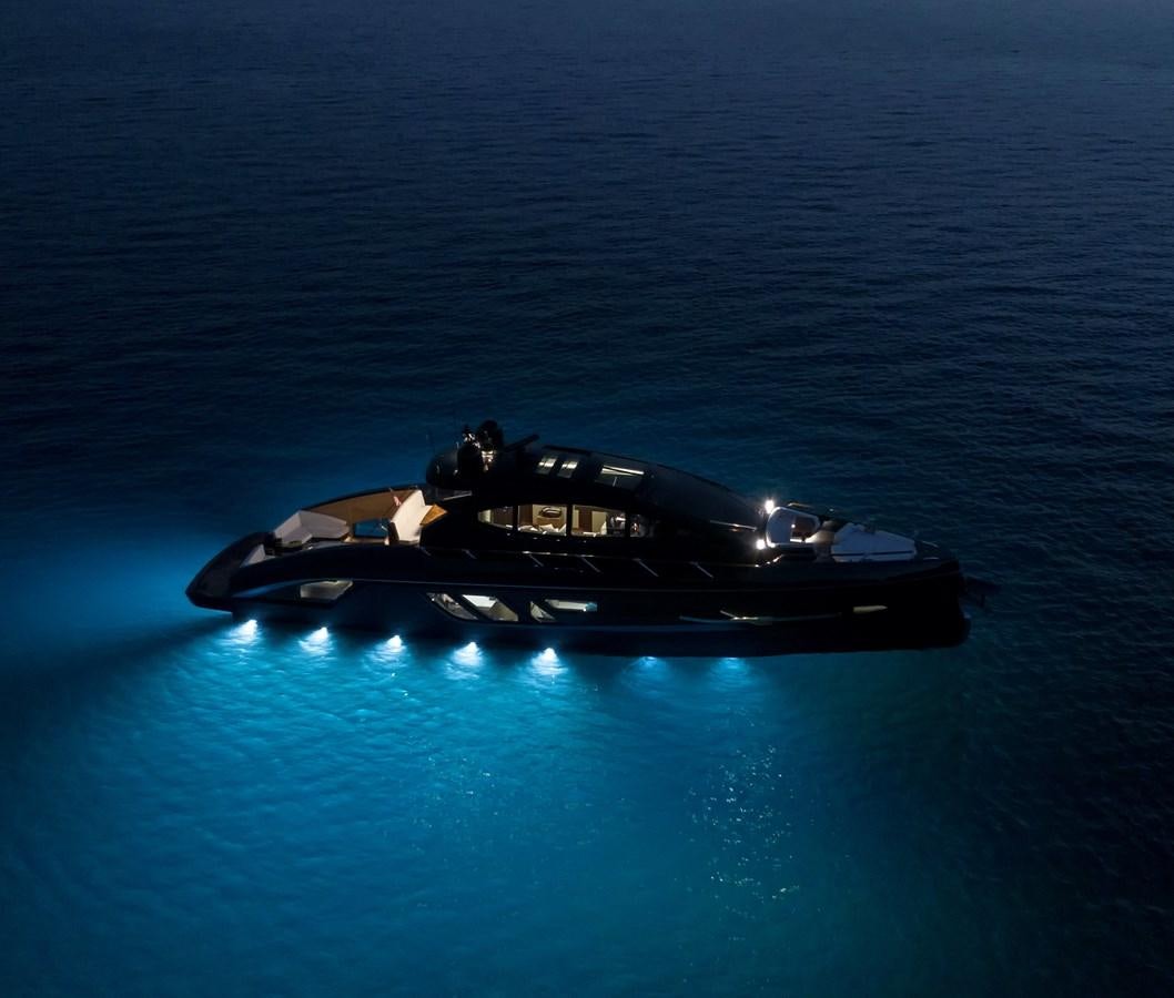 a black and gold boat in the water aboard LSX 67 SPORT EXPRESS Yacht for Sale