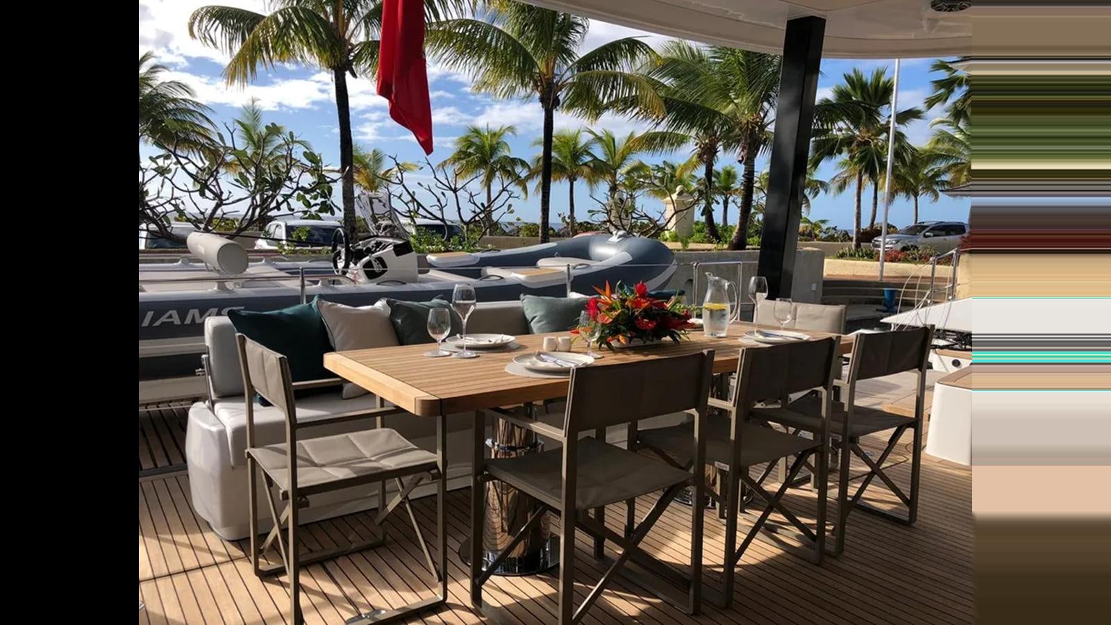 a table and chairs on a patio aboard SEACLUSION Yacht for Sale