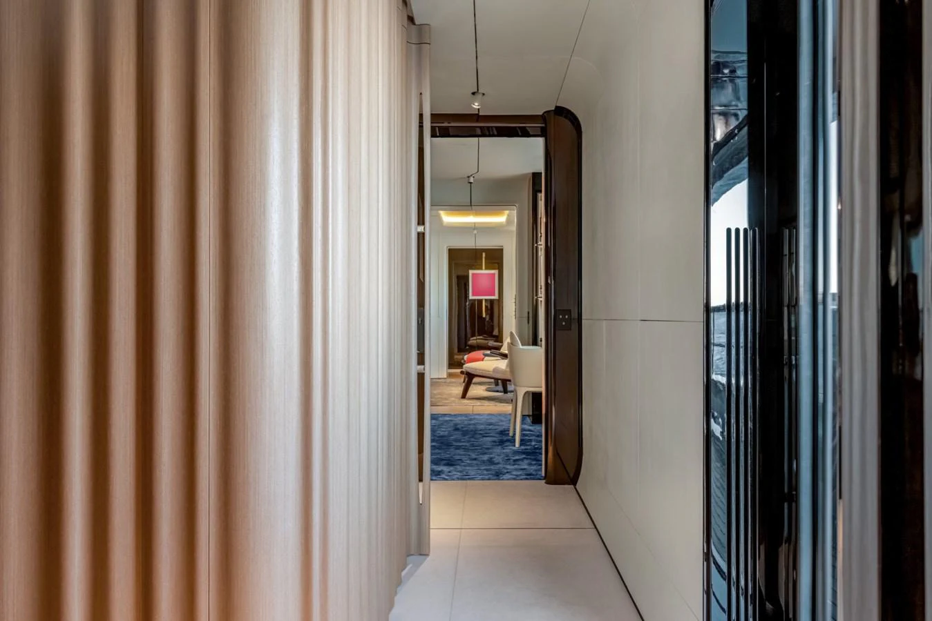 a hallway with a curtain aboard CLUB M Yacht for Sale