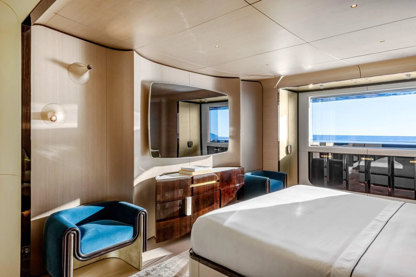 a room with a bed and a tv aboard CLUB M Yacht for Sale