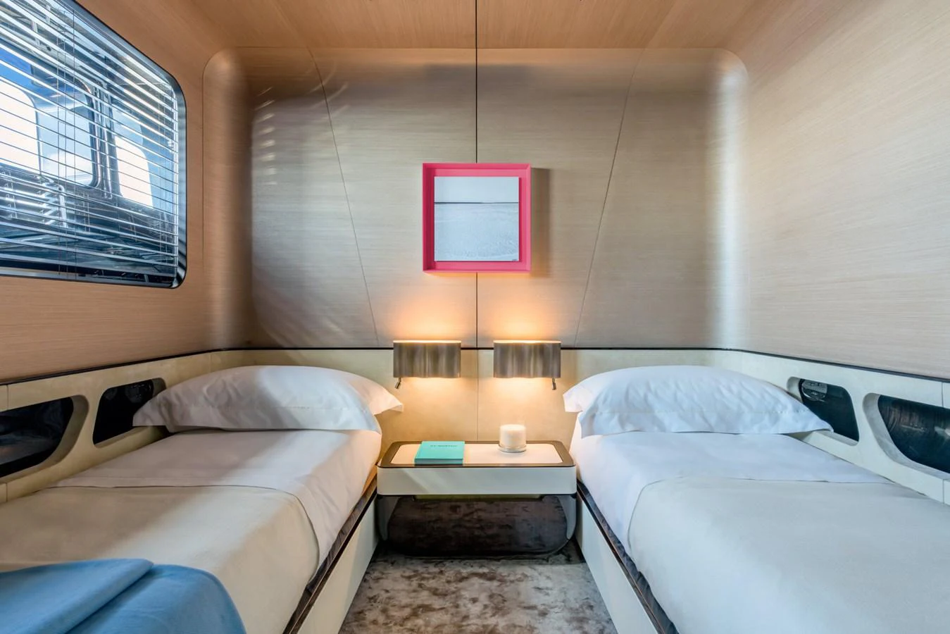 a room with two beds aboard CLUB M Yacht for Sale