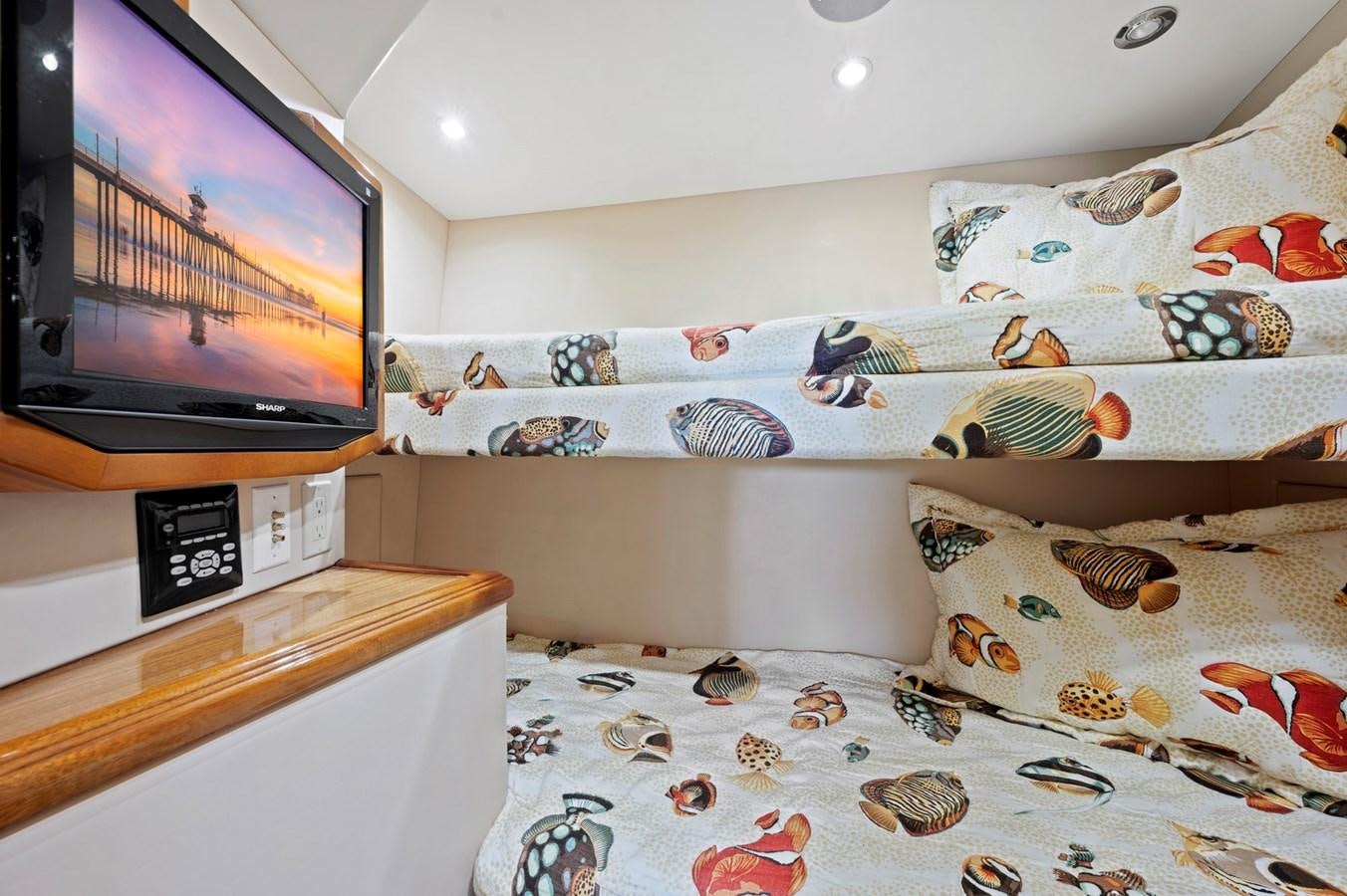 a bedroom with a tv and fish swimming in the air aboard ENDLESS SUMMER Yacht for Sale
