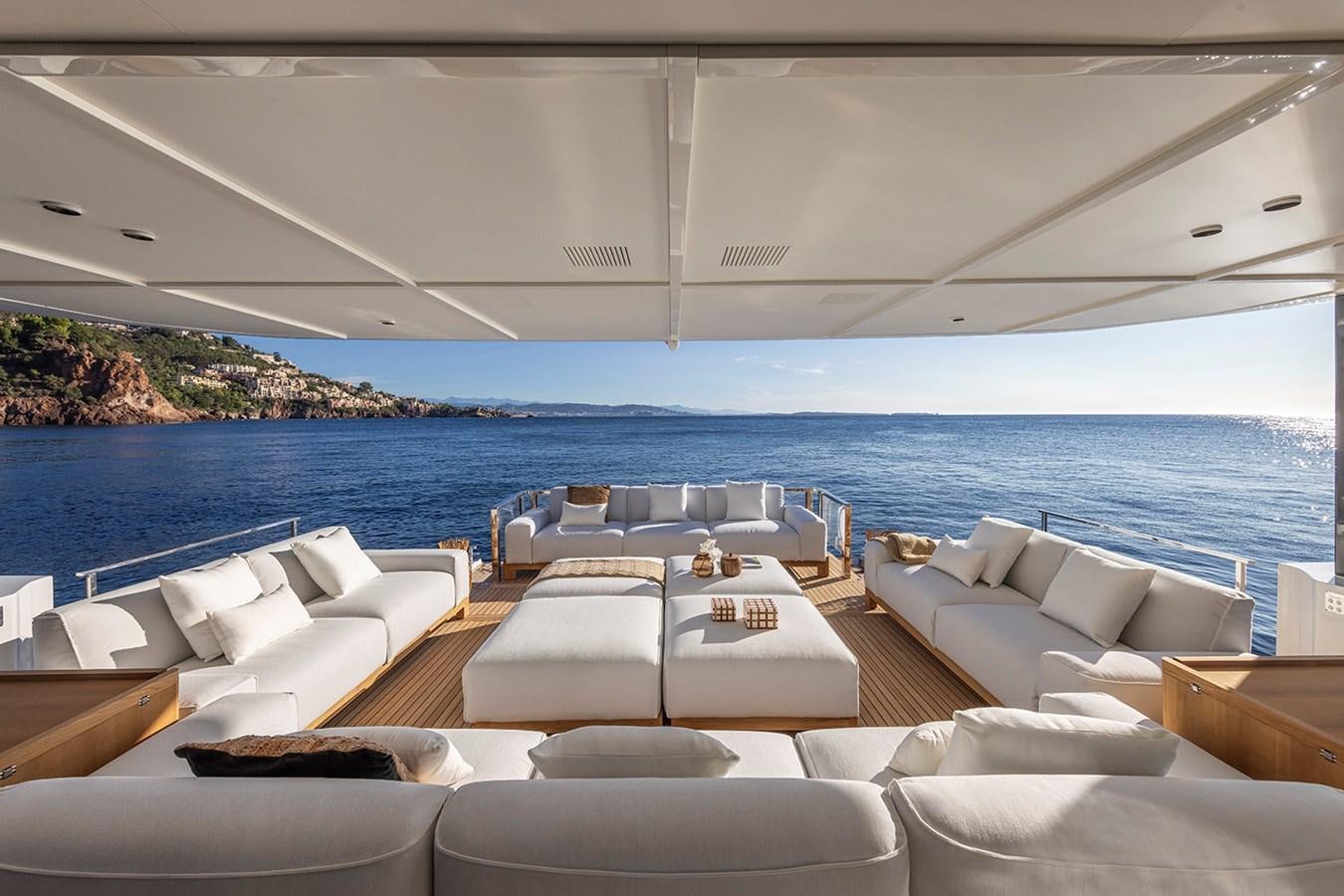 a lounge area on a boat aboard ARCADIA 96 Yacht for Sale
