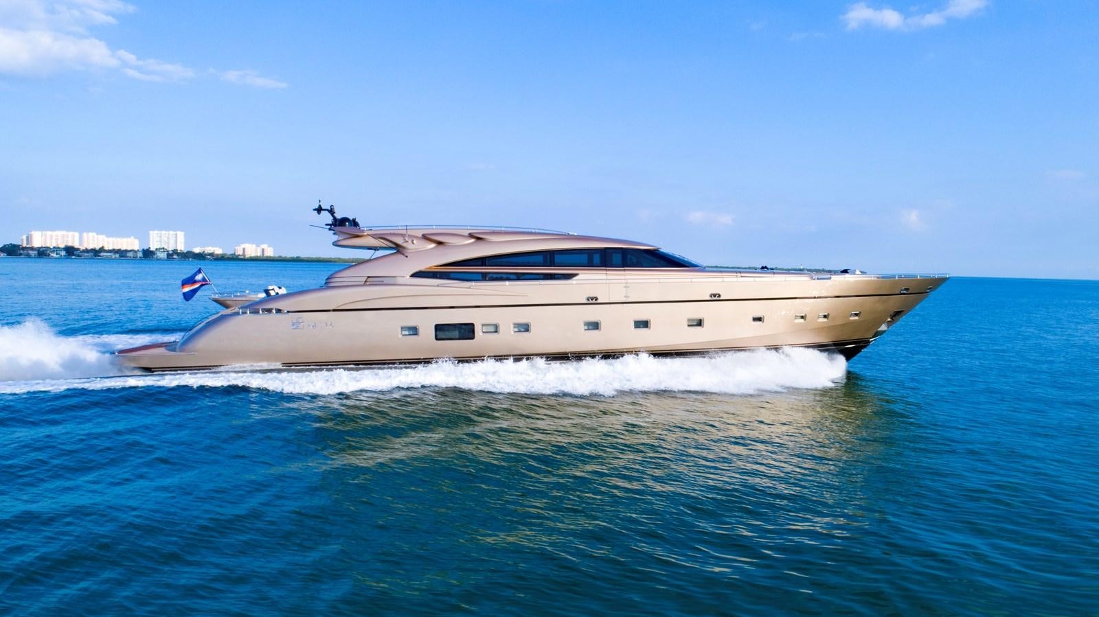a large boat on the water aboard FIVE WAVES Yacht for Sale