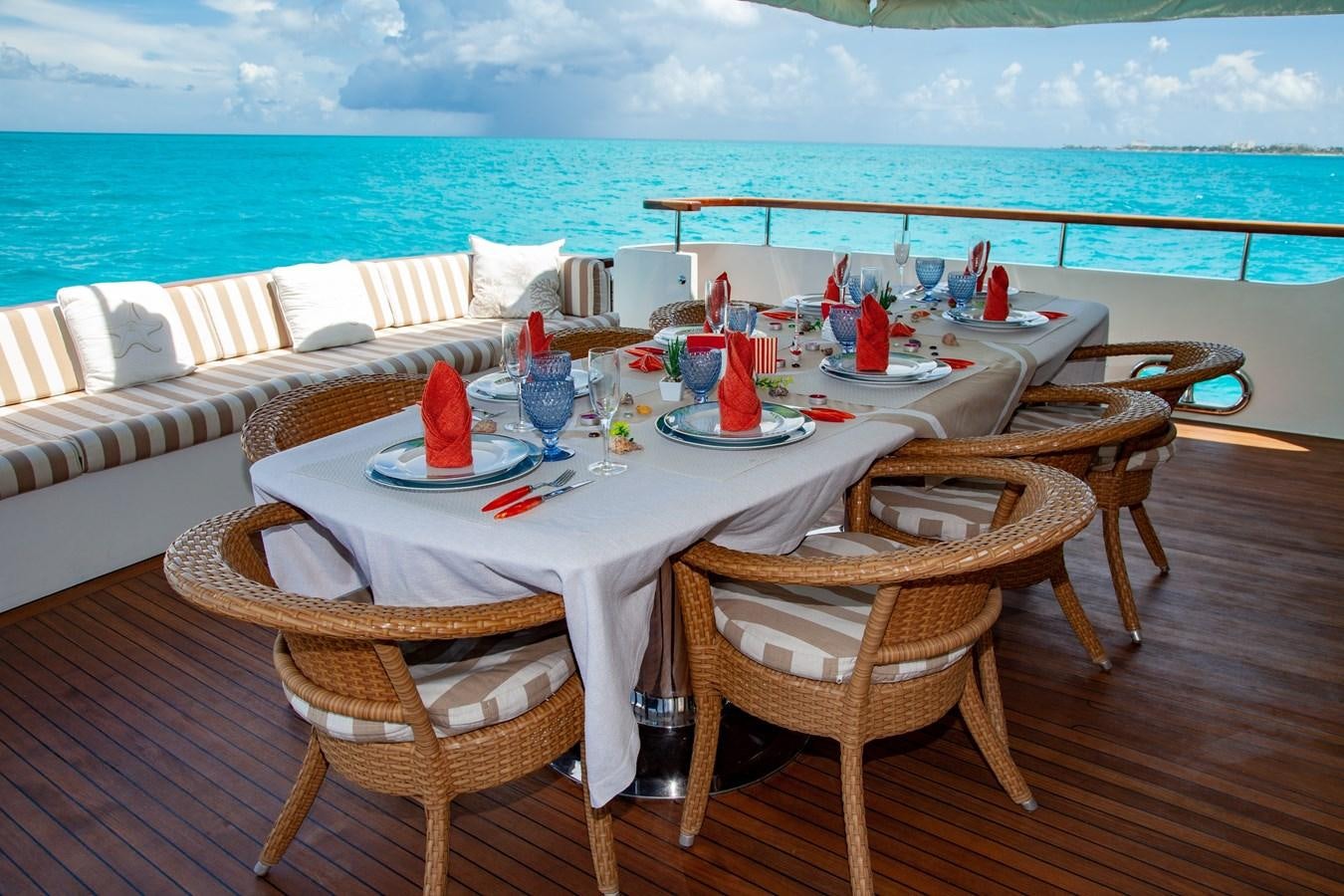 a table on a balcony overlooking the ocean aboard SUNRISE Yacht for Sale