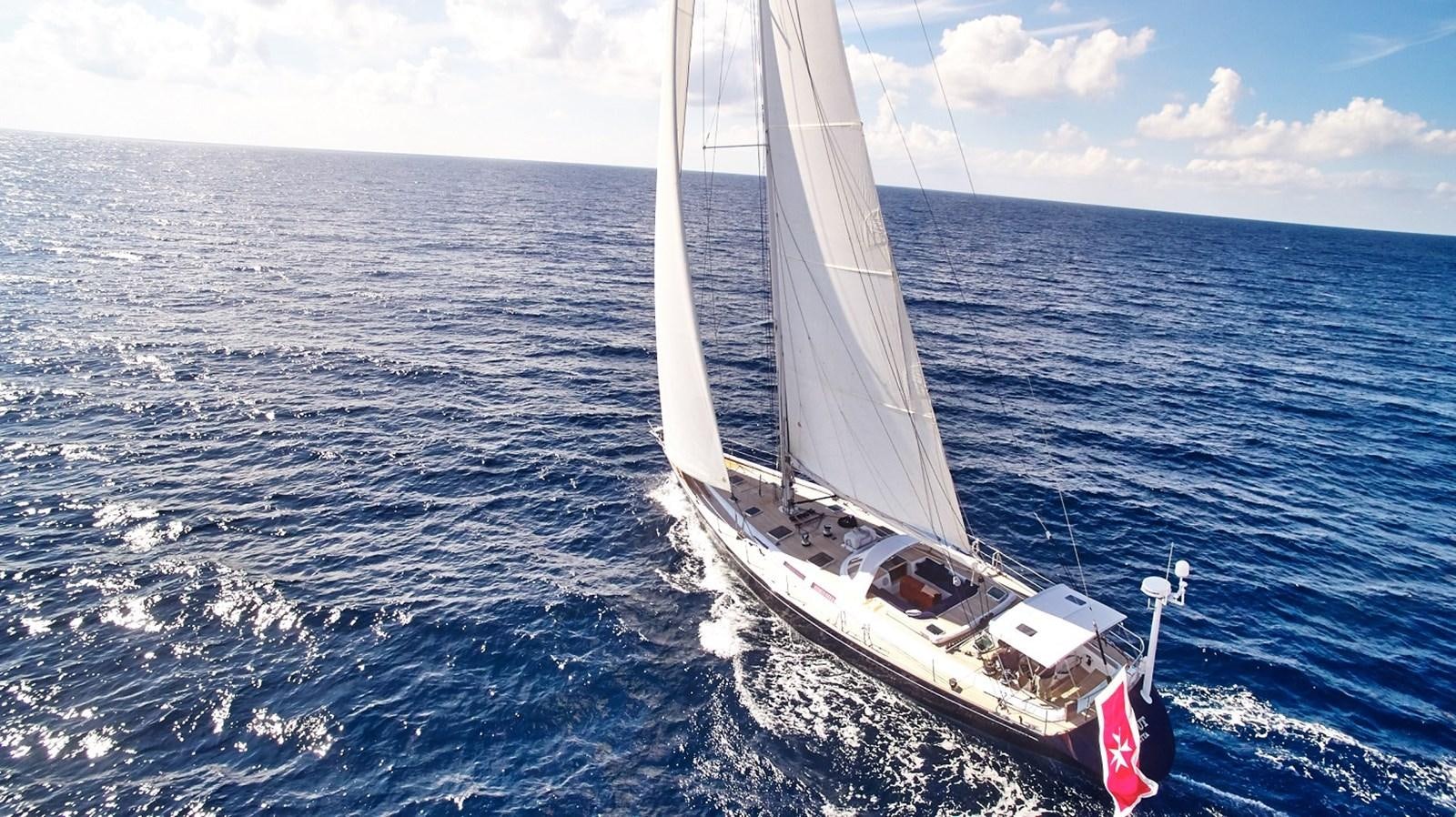 a white sailboat on the water aboard FAR OUT Yacht for Sale