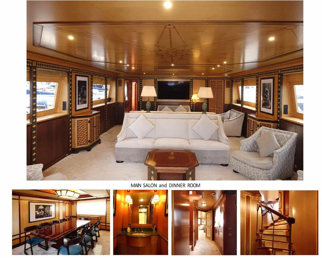 a large living room with a large white couch aboard SPYK Yacht for Sale