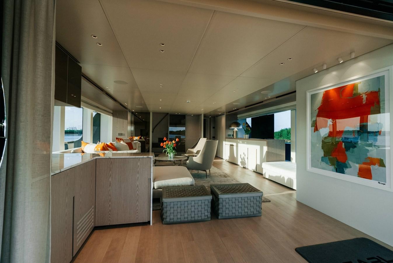 a modern looking living room aboard PEARL Yacht for Sale