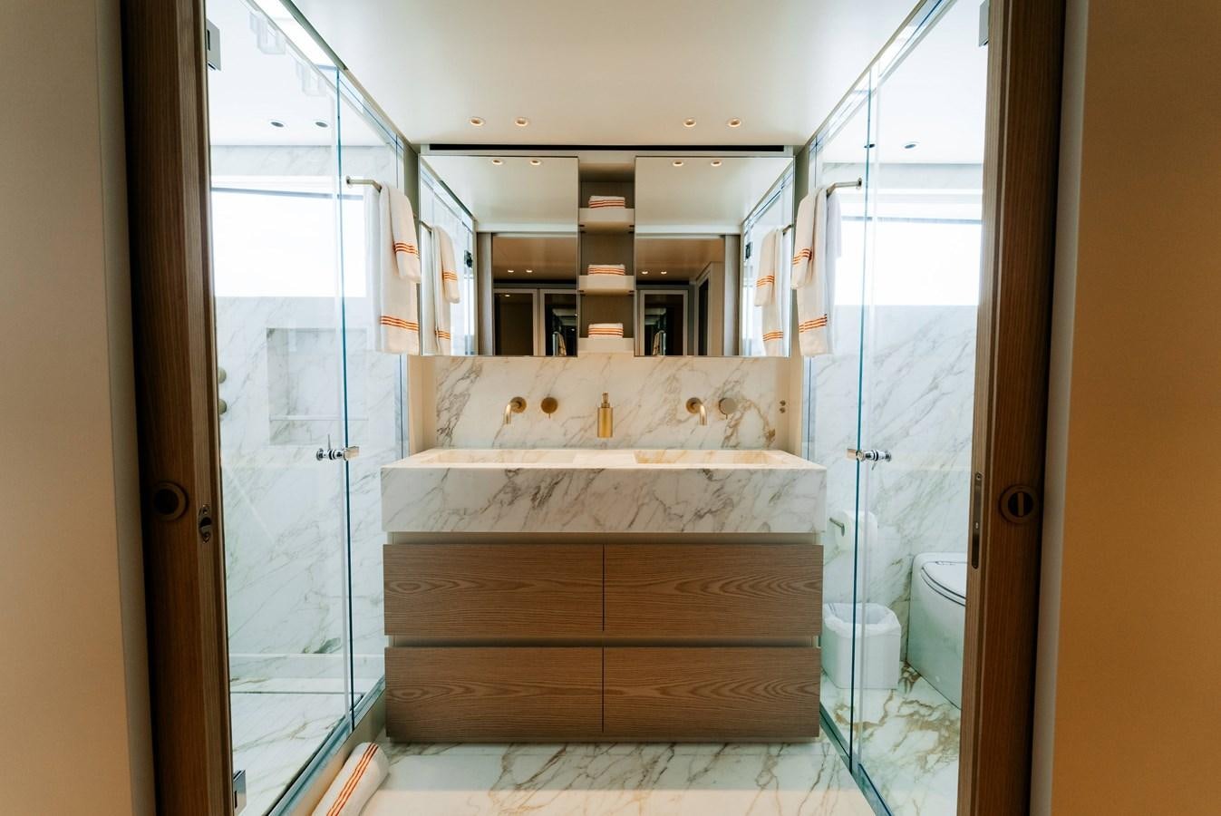 a bed in a room aboard PEARL Yacht for Sale