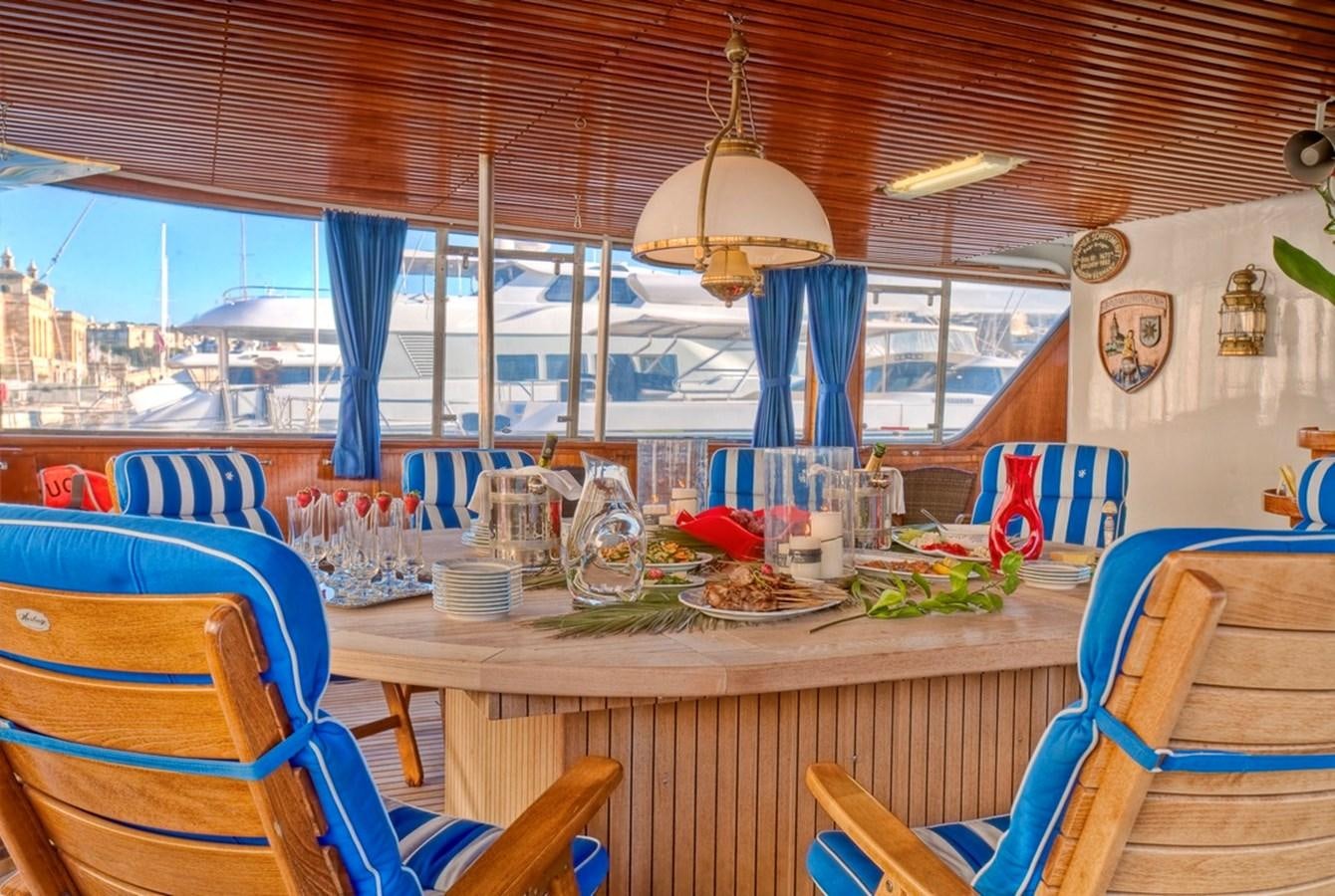a dining table with a view of the city aboard SANSSOUCI STAR Yacht for Sale