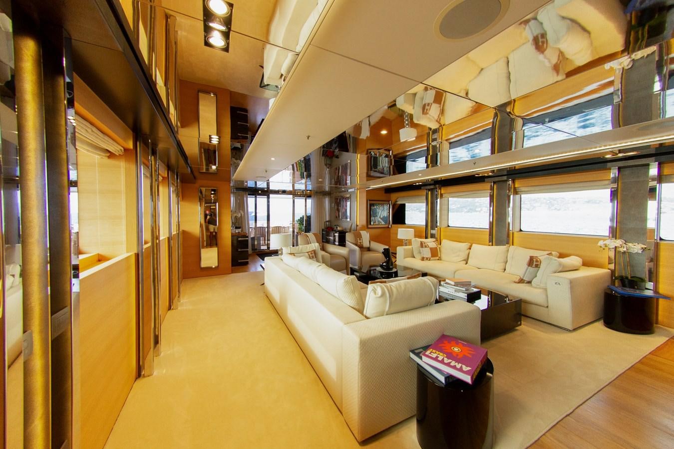 a living room with a large window aboard DARLING Yacht for Sale