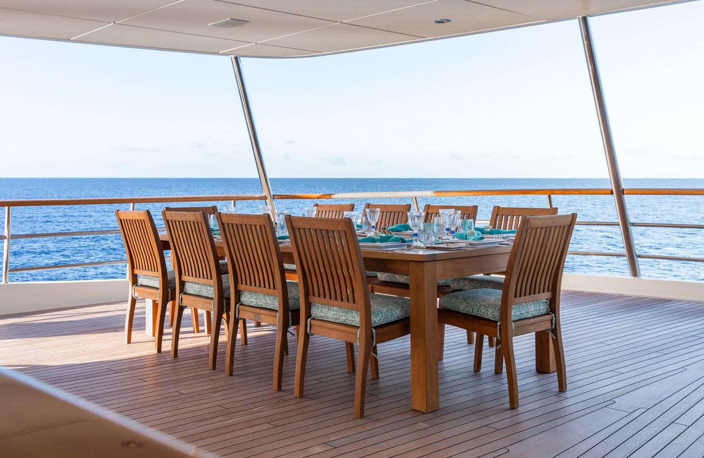 a table set for a meal on a deck overlooking the ocean aboard CUPANI Yacht for Sale