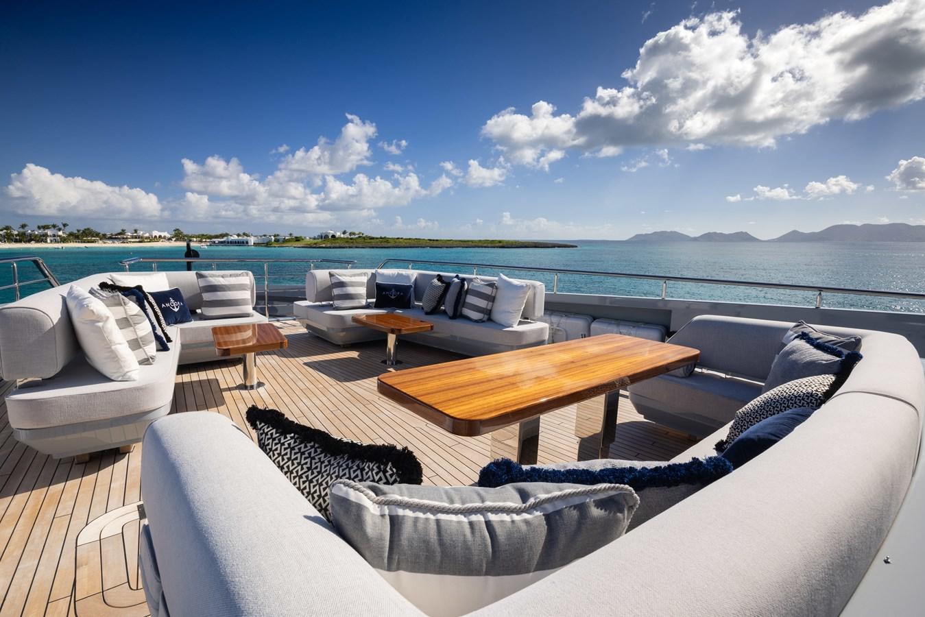 a lounge area with a table and chairs on it aboard ANCORA Yacht for Sale