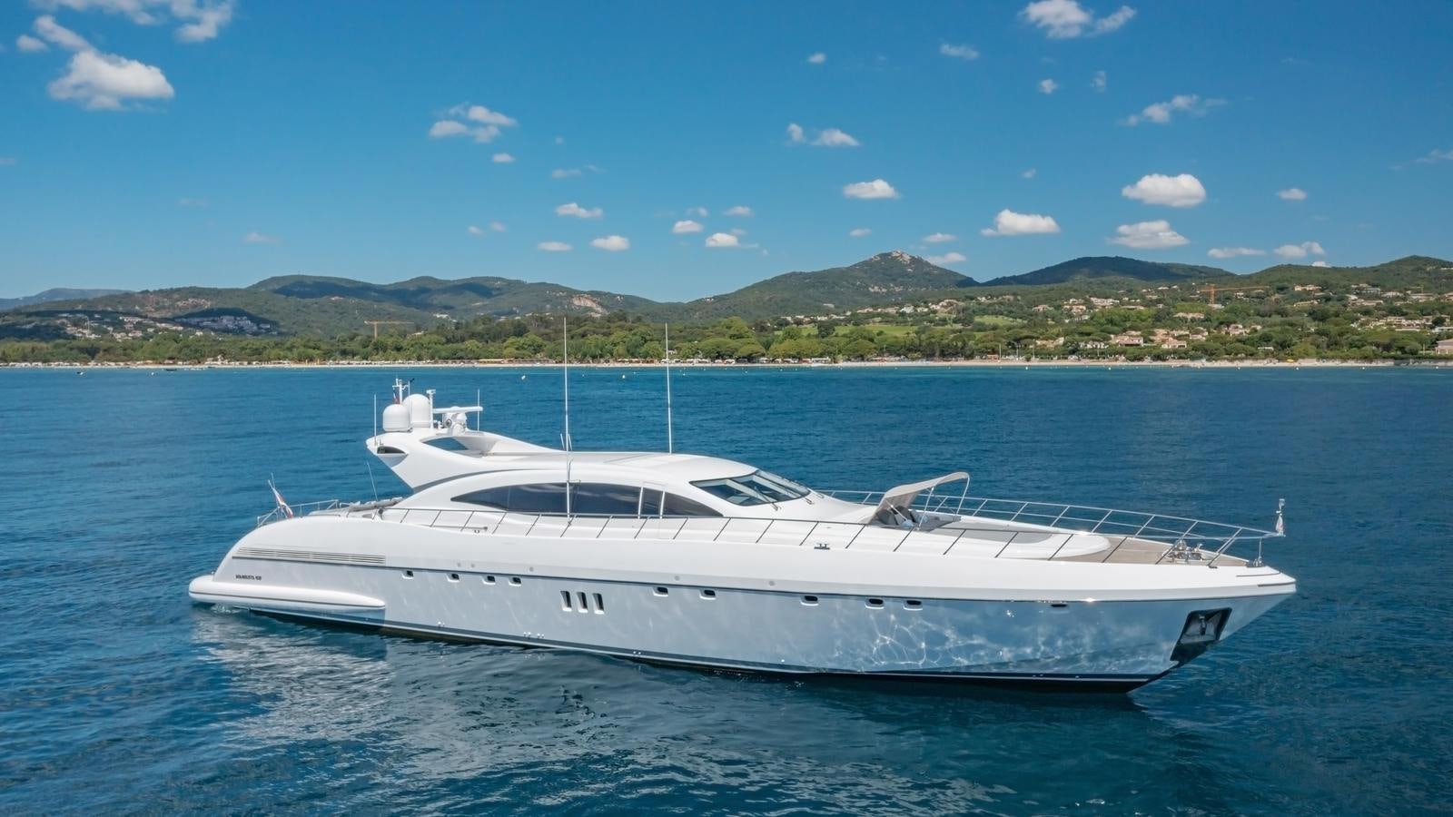 a white yacht in the water aboard COSMOS Yacht for Sale