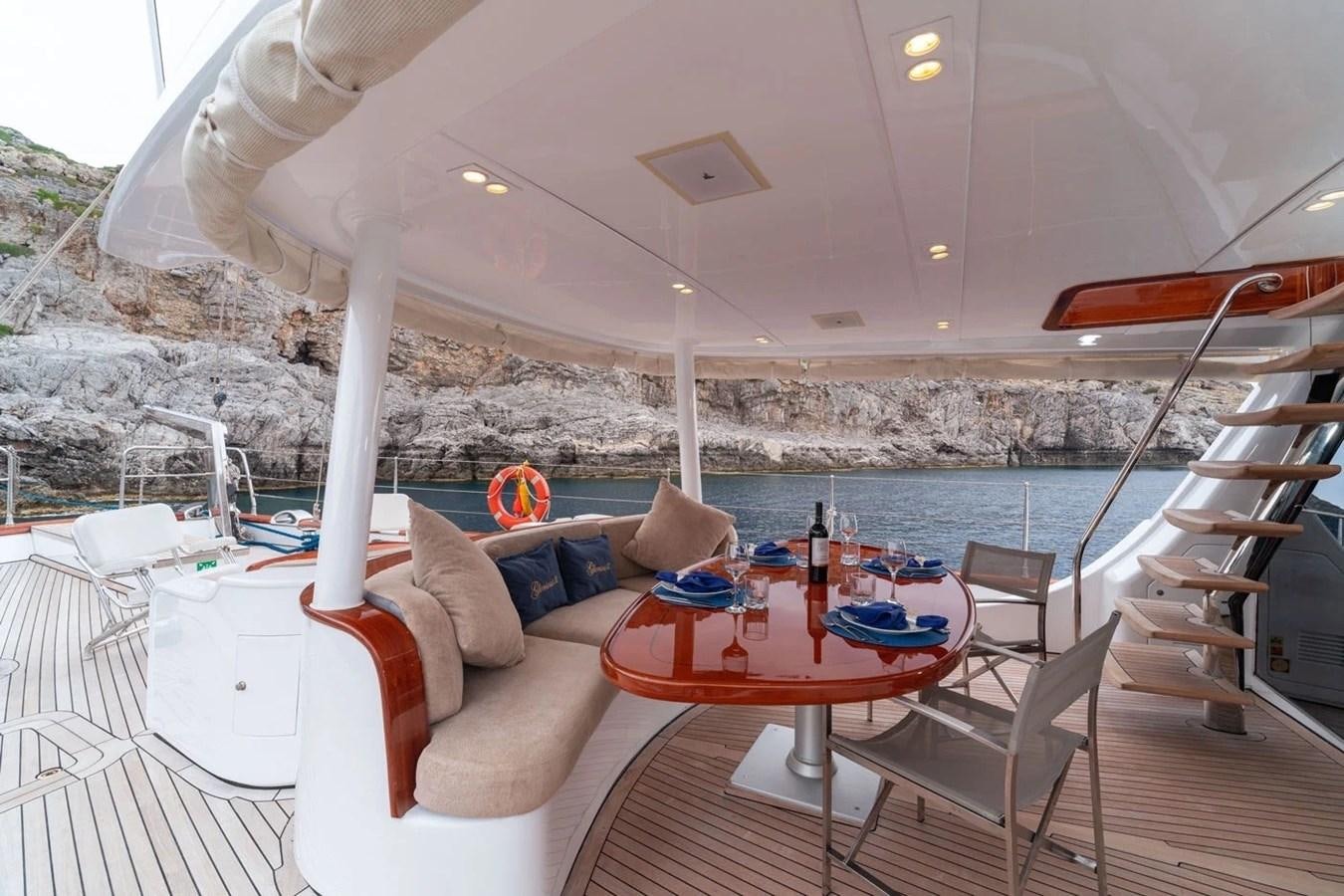 a table and chairs on a deck aboard CUSTOM MOTORSAILOR Yacht for Sale