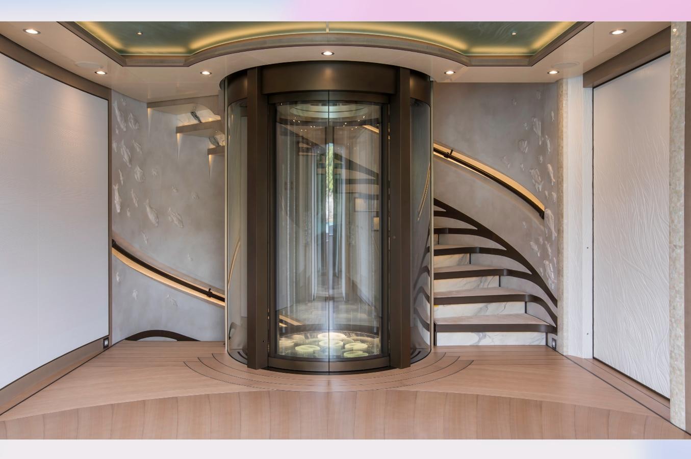 a glass door in a room aboard LUNA Yacht for Sale