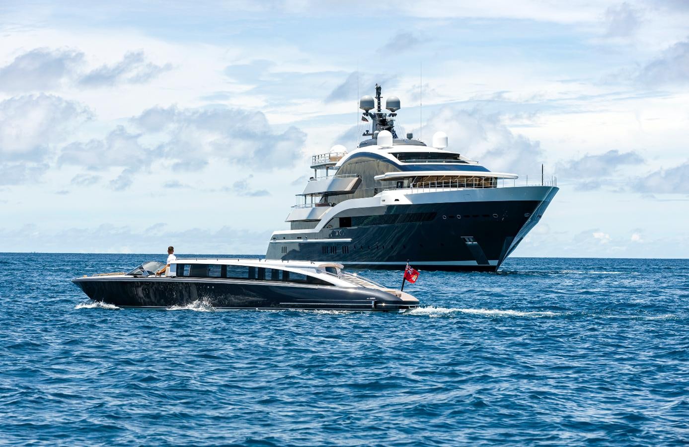 a large boat in the water aboard LUNA Yacht for Sale