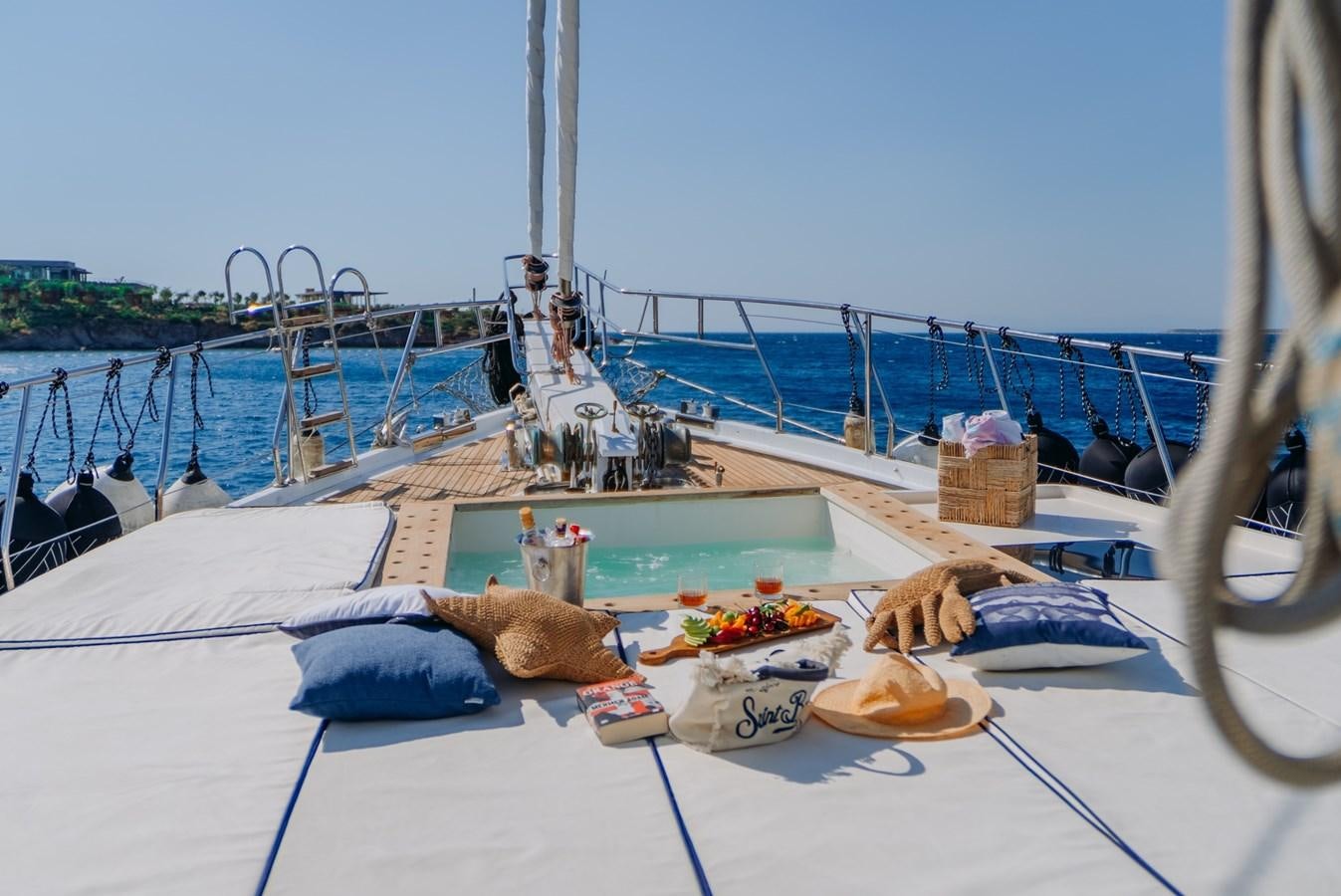 a table with food on it aboard CUSTOM MADE MOTORSAILER Yacht for Sale