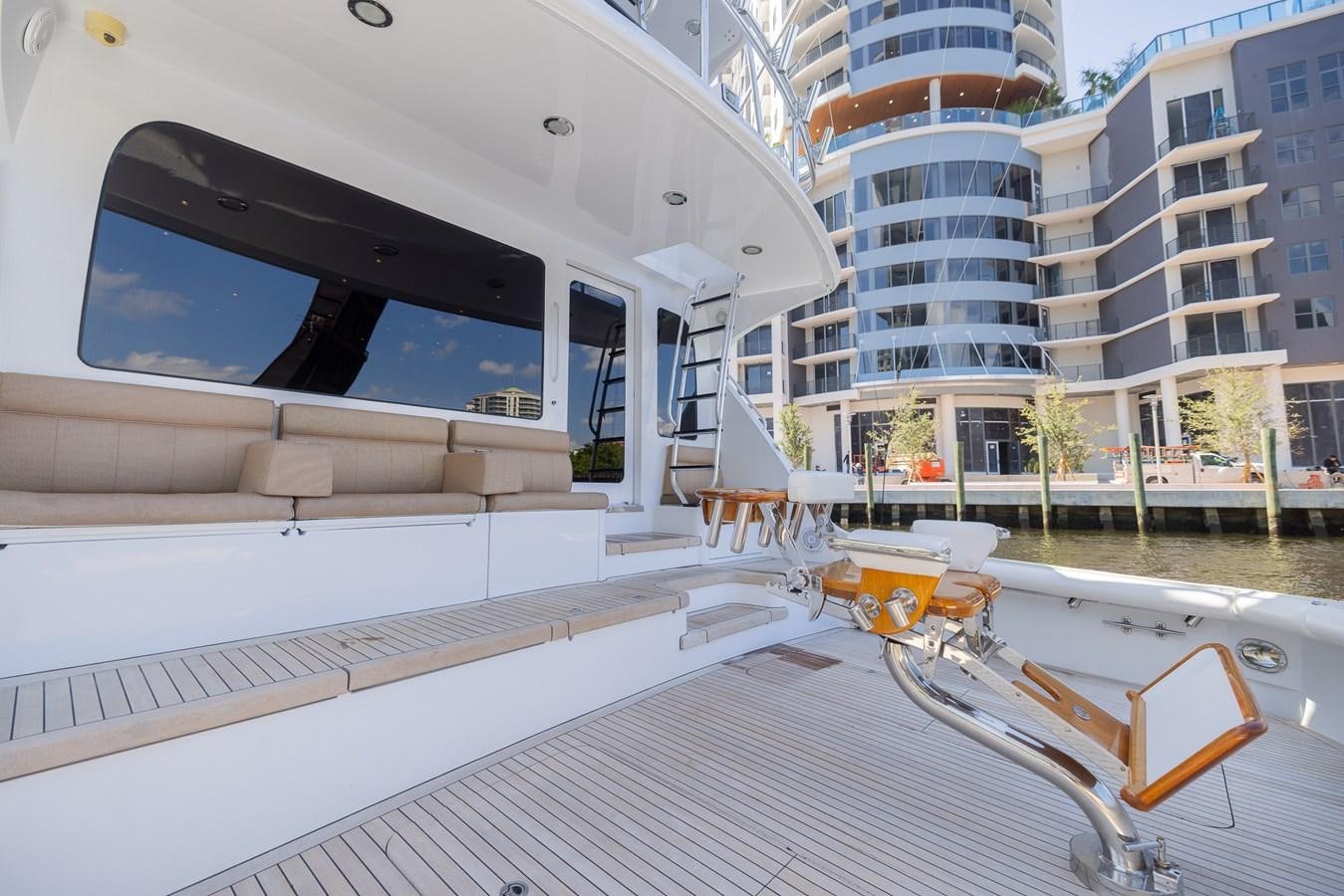 a view of a building from a deck aboard TEMPTATION Yacht for Sale