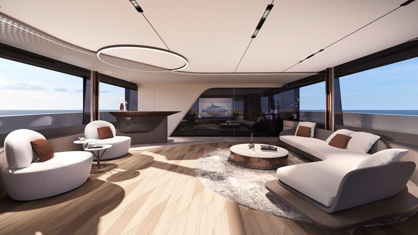 a room with a large window and a large white sofa aboard NL45/01 Yacht for Sale