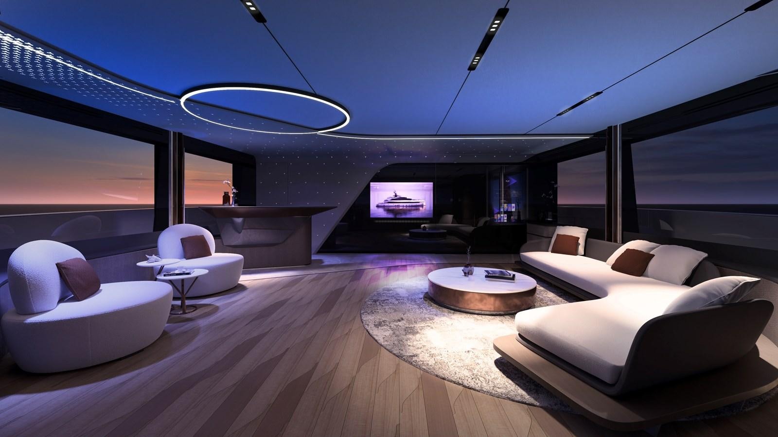 a room with a large window and a table with chairs and a tv aboard NL45/01 Yacht for Sale