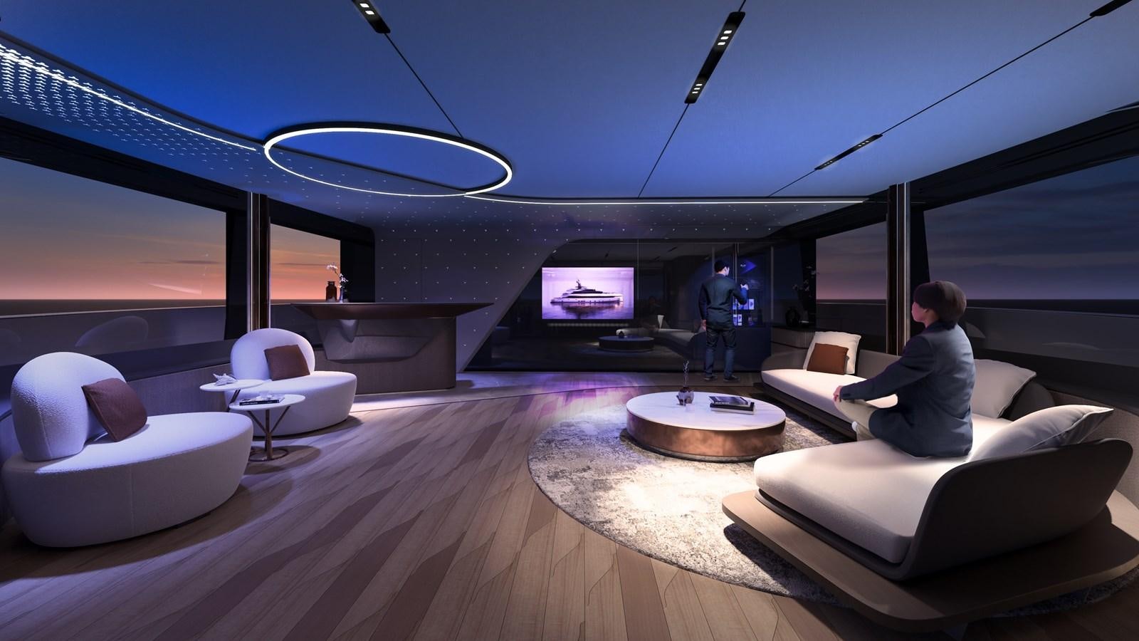 a room with a large window and a person sitting on a couch aboard NL45/01 Yacht for Sale