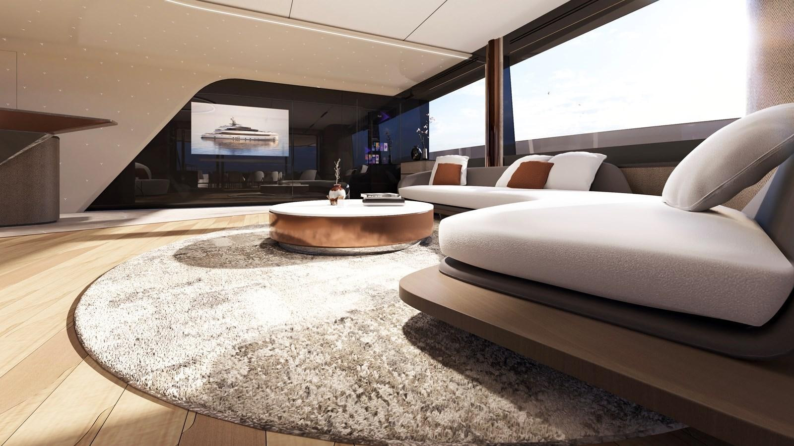 a living room with a large fireplace aboard NL45/01 Yacht for Sale