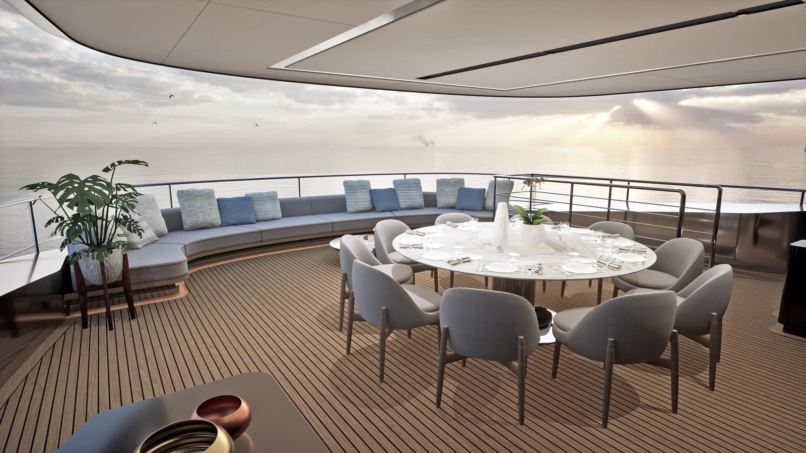 a large room with a table and chairs aboard NL45/01 Yacht for Sale