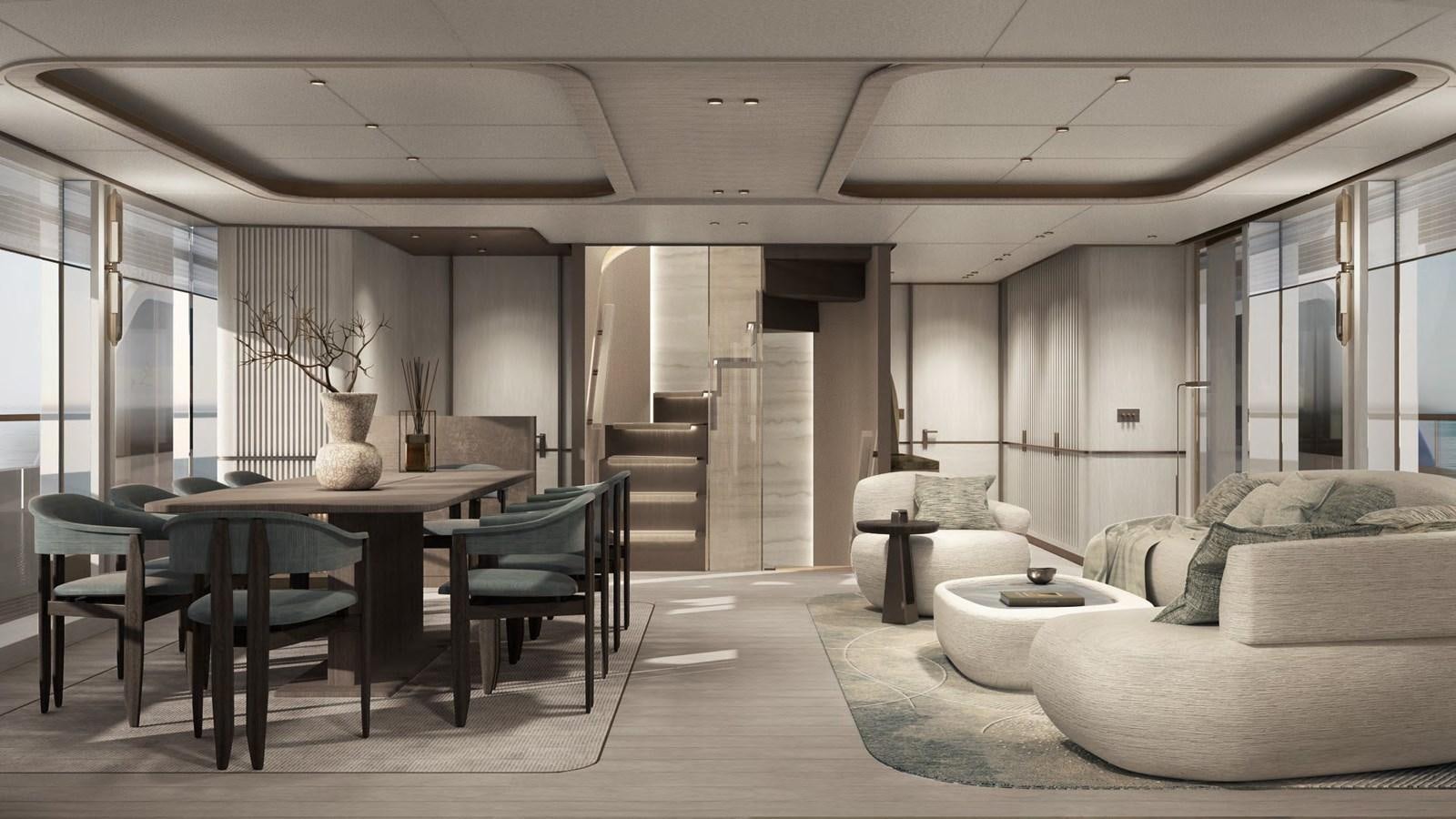 a large room with a table and chairs aboard NL37 Yacht for Sale