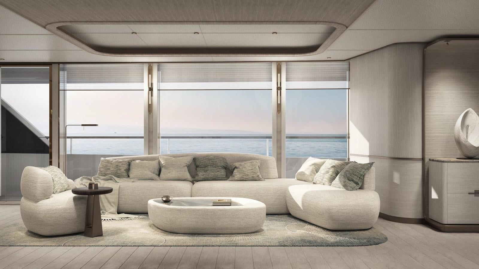 a living room with a large window aboard NL37 Yacht for Sale