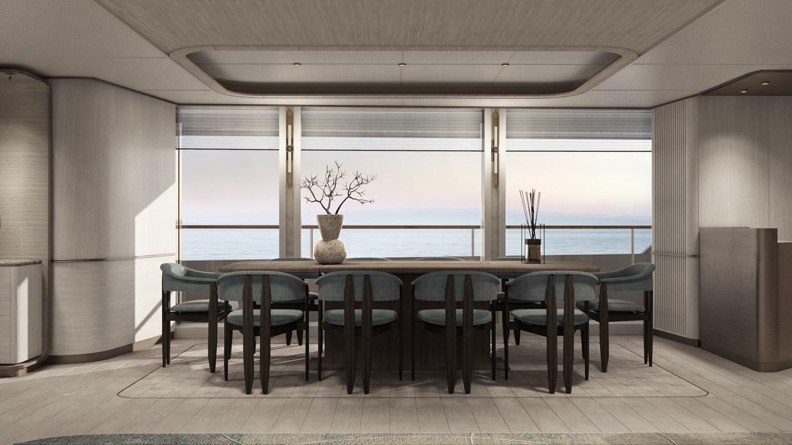 a large room with a table and chairs aboard NL37 Yacht for Sale