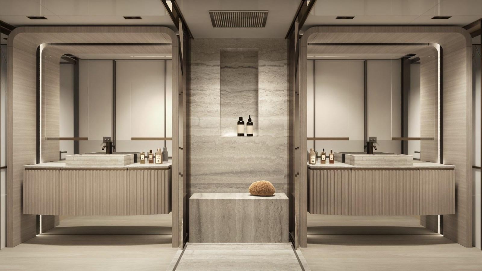 a bathroom with a large mirror aboard NL37 Yacht for Sale