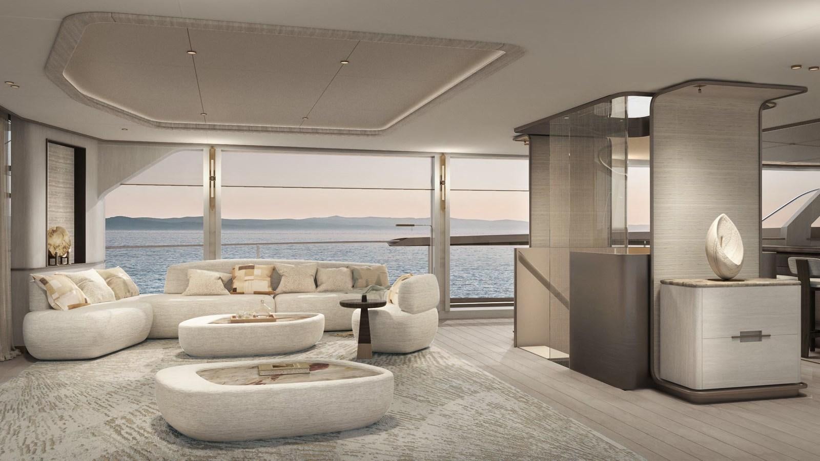 a living room with a large window aboard NL37 Yacht for Sale