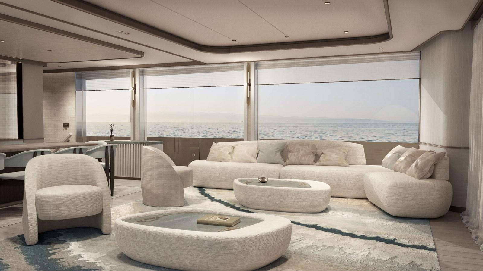 a living room with a large window aboard NL30 Yacht for Sale