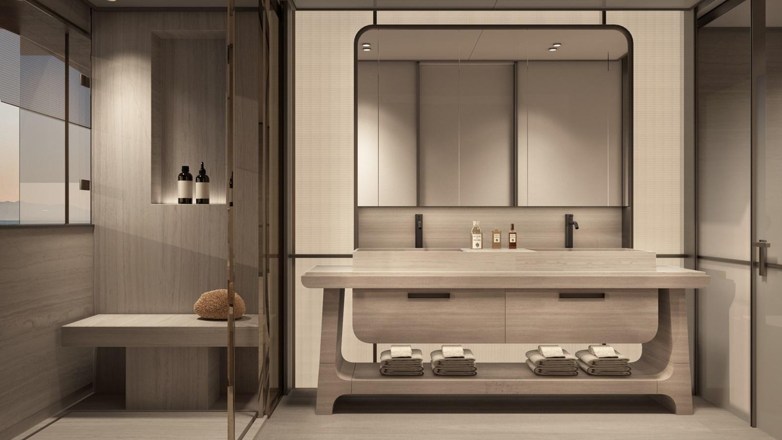 a bathroom with a mirror aboard NL30 Yacht for Sale