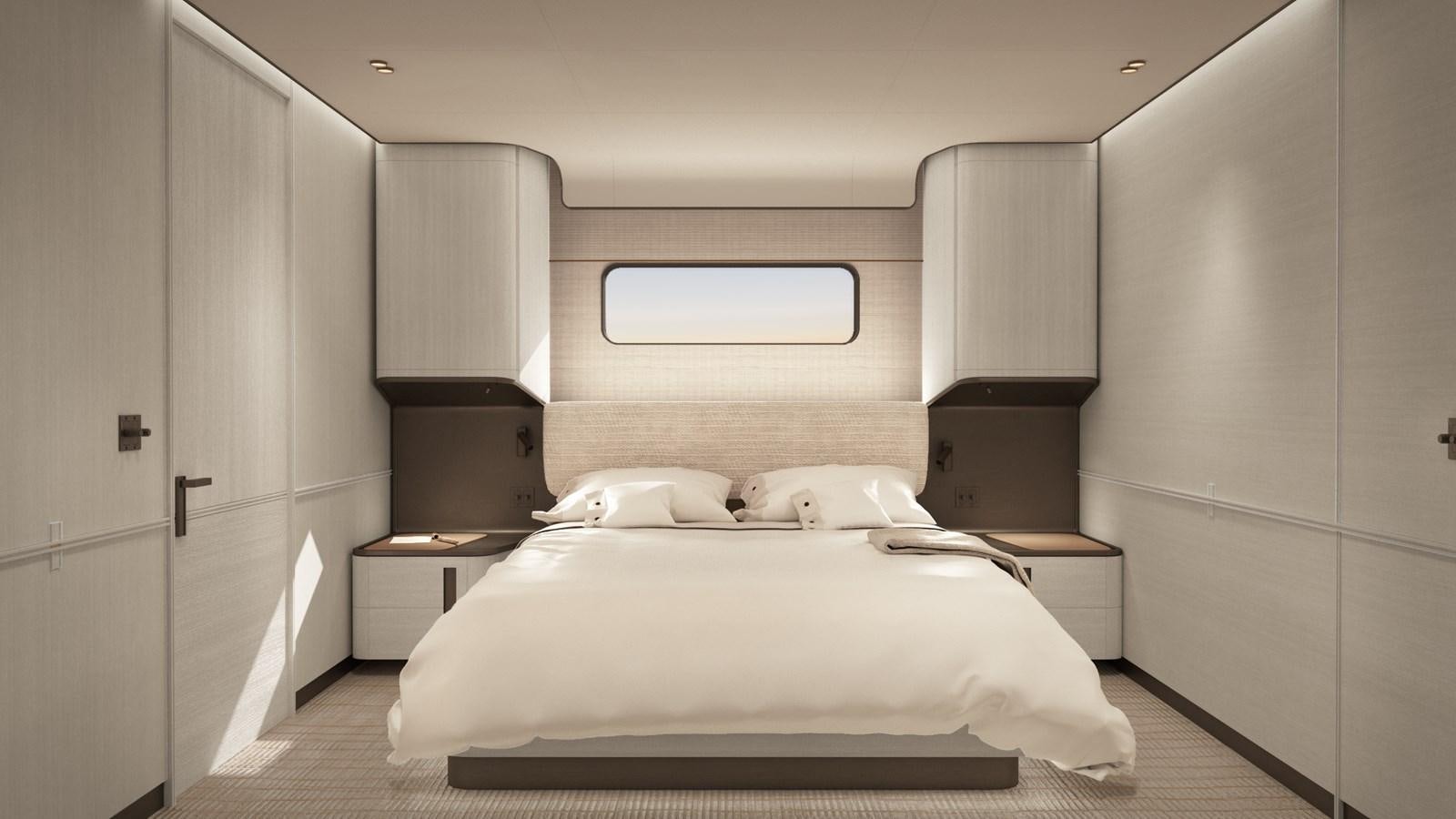 a bedroom with a bed and cabinets aboard NL30 Yacht for Sale
