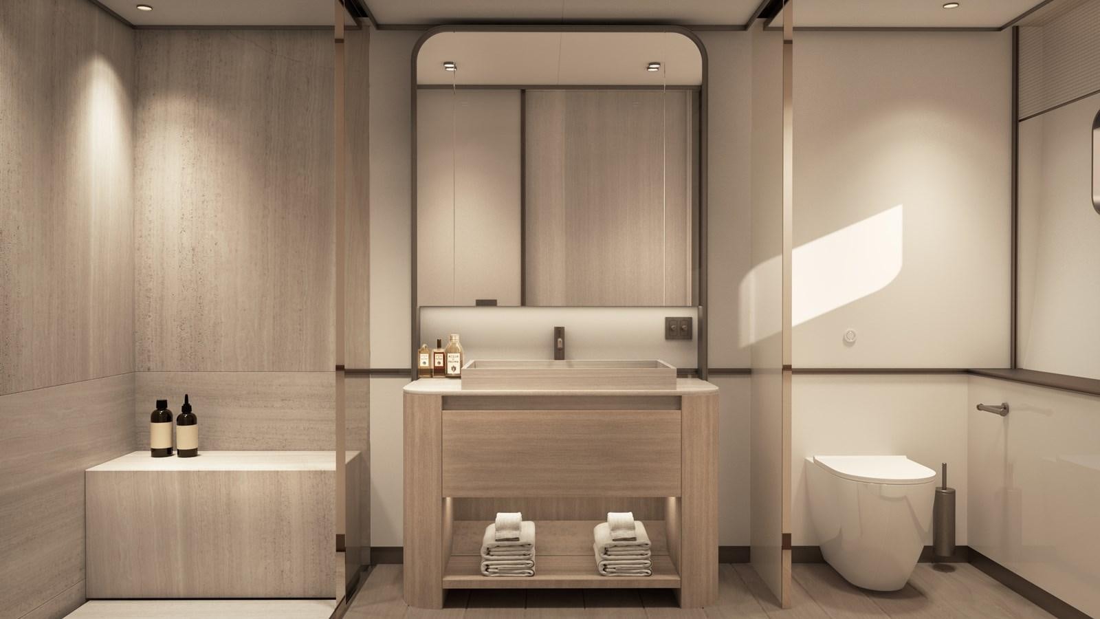 a bathroom with a large mirror aboard NL30 Yacht for Sale