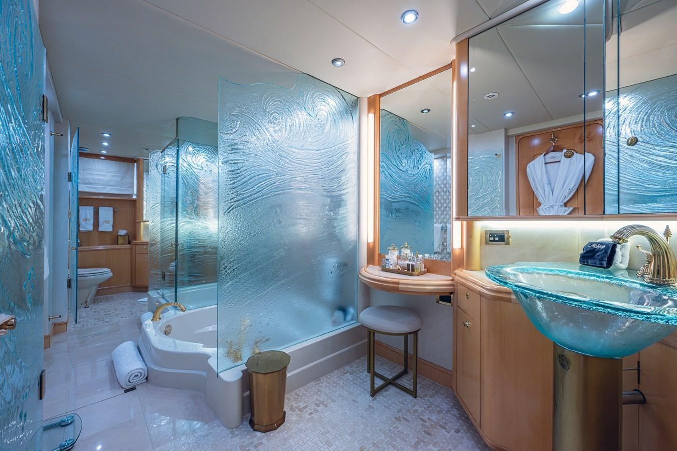 a bathroom with a large shower aboard WIRE WE HERE Yacht for Sale